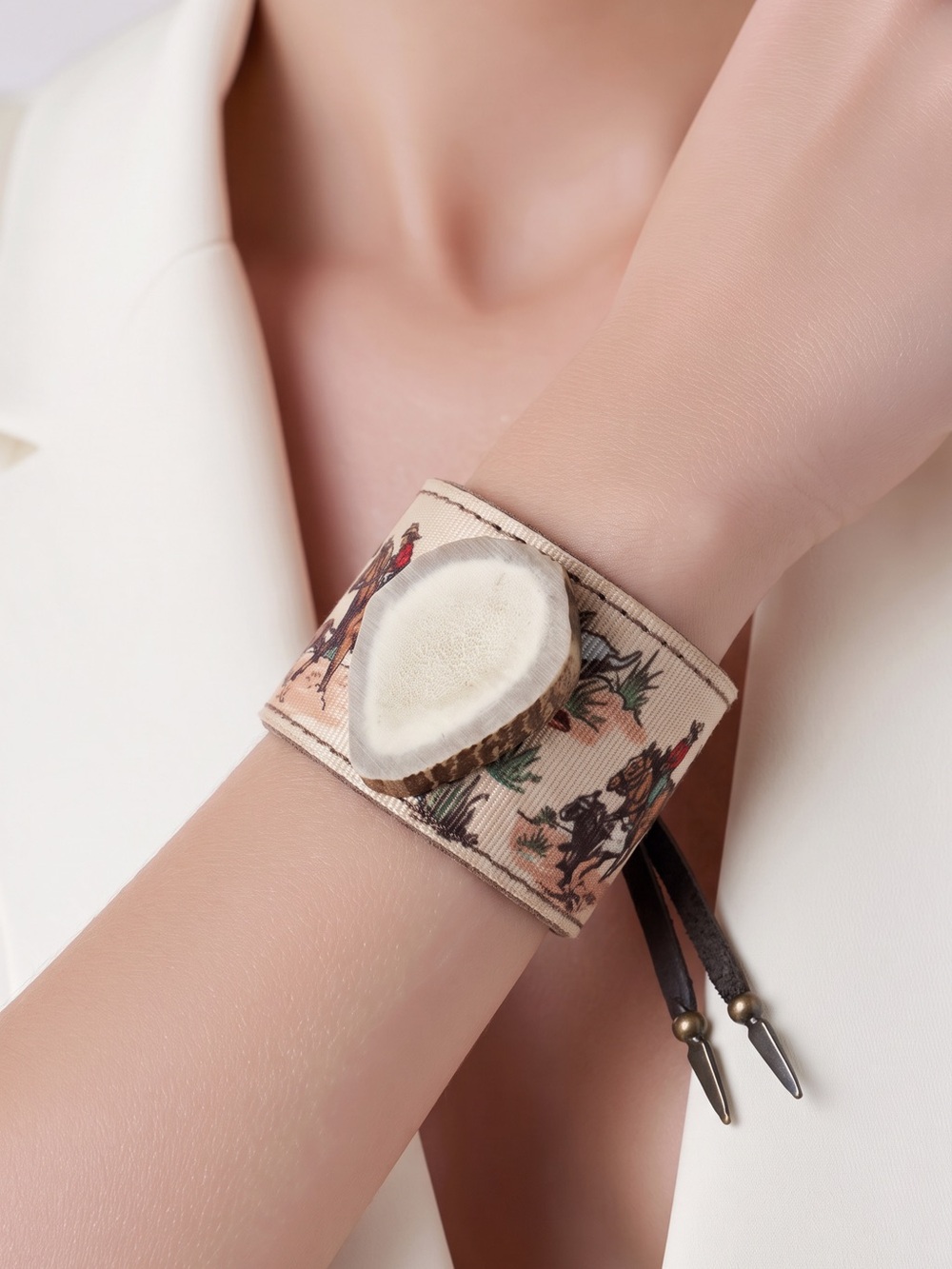 Handcrafted Cream Western Print Cuff Bracelet Natural Antler Deer Tines